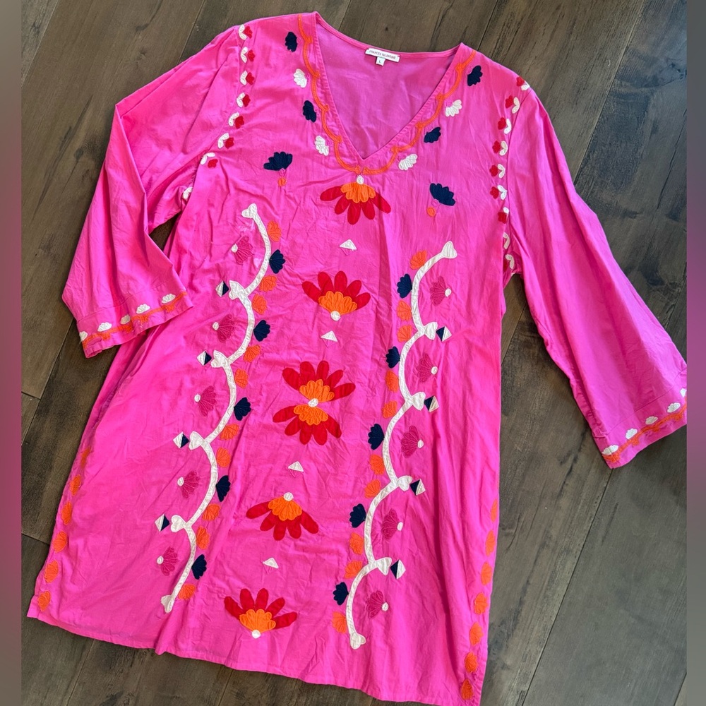 Frances Valentine Hot Pink Embroidered Floral Tunic Dress